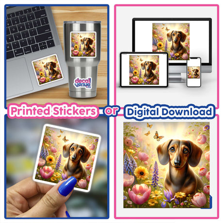 Dachshund in a Sunlit Flower Field Watercolor Illustration on a laptop screen with a sticker, available as unique stickers or digital artwork from Decal Venue.