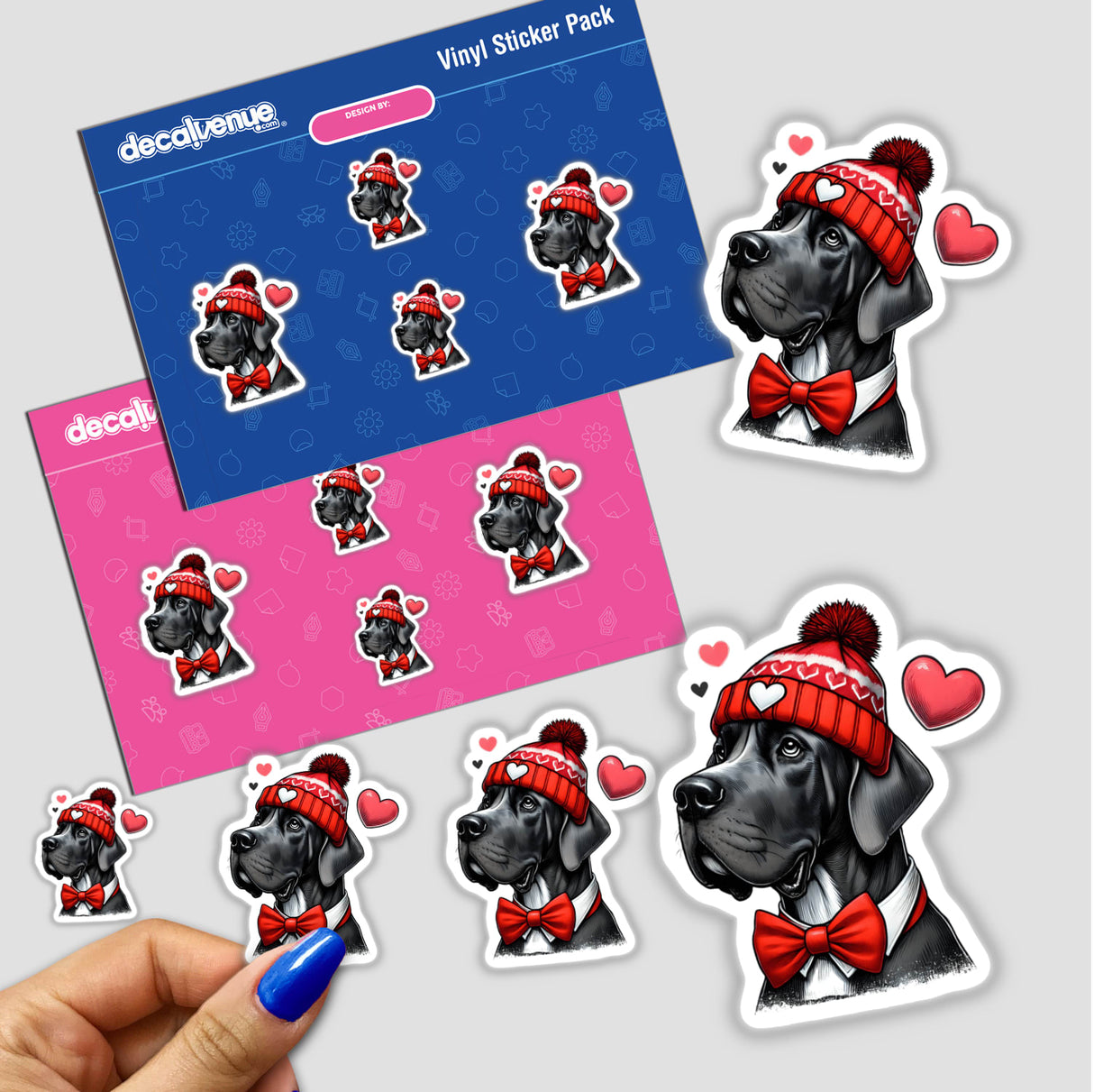 Great Dane with Beanie Hatpng sticker depicting a cartoon dog in a beanie and bow tie. Available as vinyl stickers or digital art from Decal Venue.