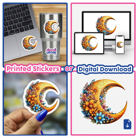 Floral moon digital artwork featuring a crescent moon with colorful flowers and patterns, available as printed stickers or digital downloads from the Decal Venue online store.