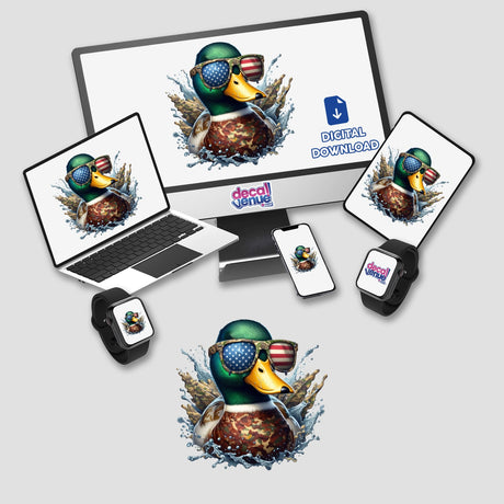 Mallard Duck Camo Splash sticker or digital art featuring a cartoon duck wearing American flag sunglasses displayed on various devices like a laptop, computer, and tablet.