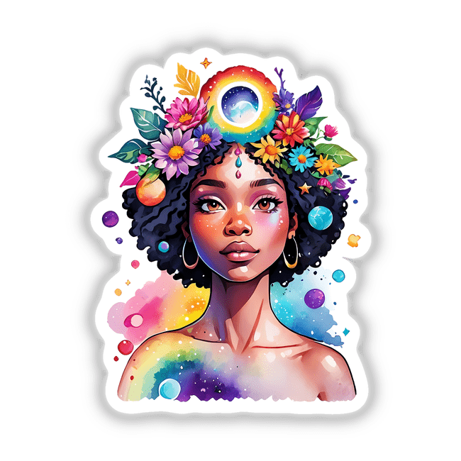 Hippie Black Woman Sticker: Universe from Crown Chakra, Rainbow Colors, Flowers Everywhere, features an illustrated woman with flowers in her hair, surrounded by vibrant, cosmic elements and floral details.