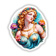 Sticker Design of Marble Statue of Aphrodite adorned with flowers around the neck, blending timeless Greek art aesthetic with floral elegance. Available as Stickers or Digital Artwork.