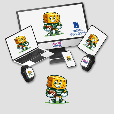 Cheese Head Football Fan artwork featuring a cartoon cheese mascot holding a football, displayed on a computer monitor and laptop, available as stickers or digital artwork at Decal Venue.