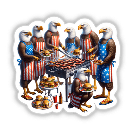 Patriotic eagle family enjoying barbecue party with grilled food and American-themed decor.