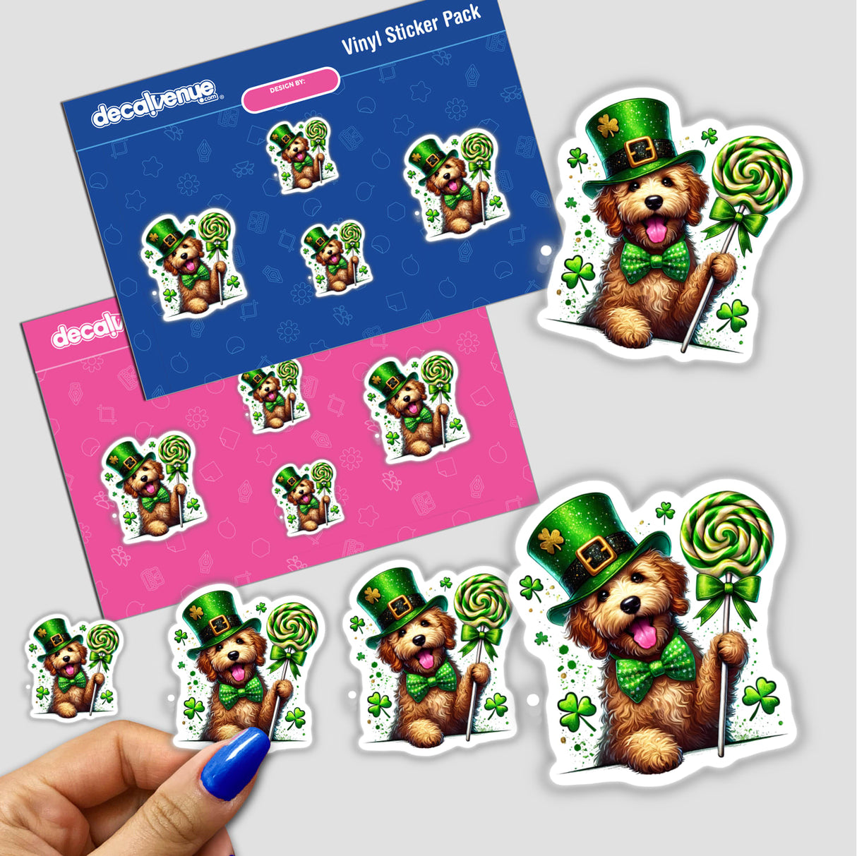 Stickers of a St Patricks Goldendoodle Dog Holding Lollipop, featuring cartoon dogs in green hats with clovers, available as stickers or digital artwork from Decal Venue.