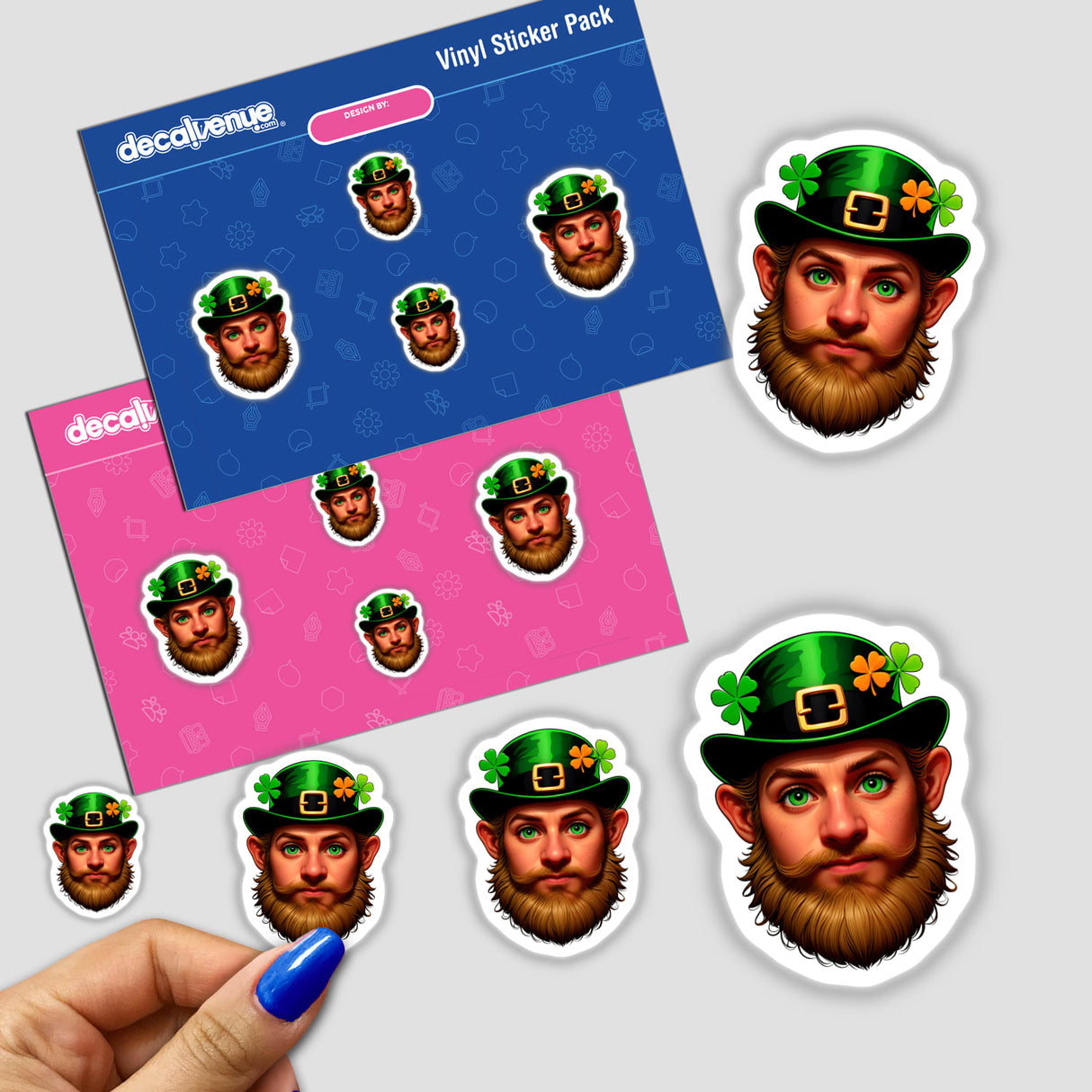 St. Patrick's Day Leprechaun sticker features a bearded man in a green hat, smiling with glasses. Available as unique stickers or digital artwork from Decal Venue.