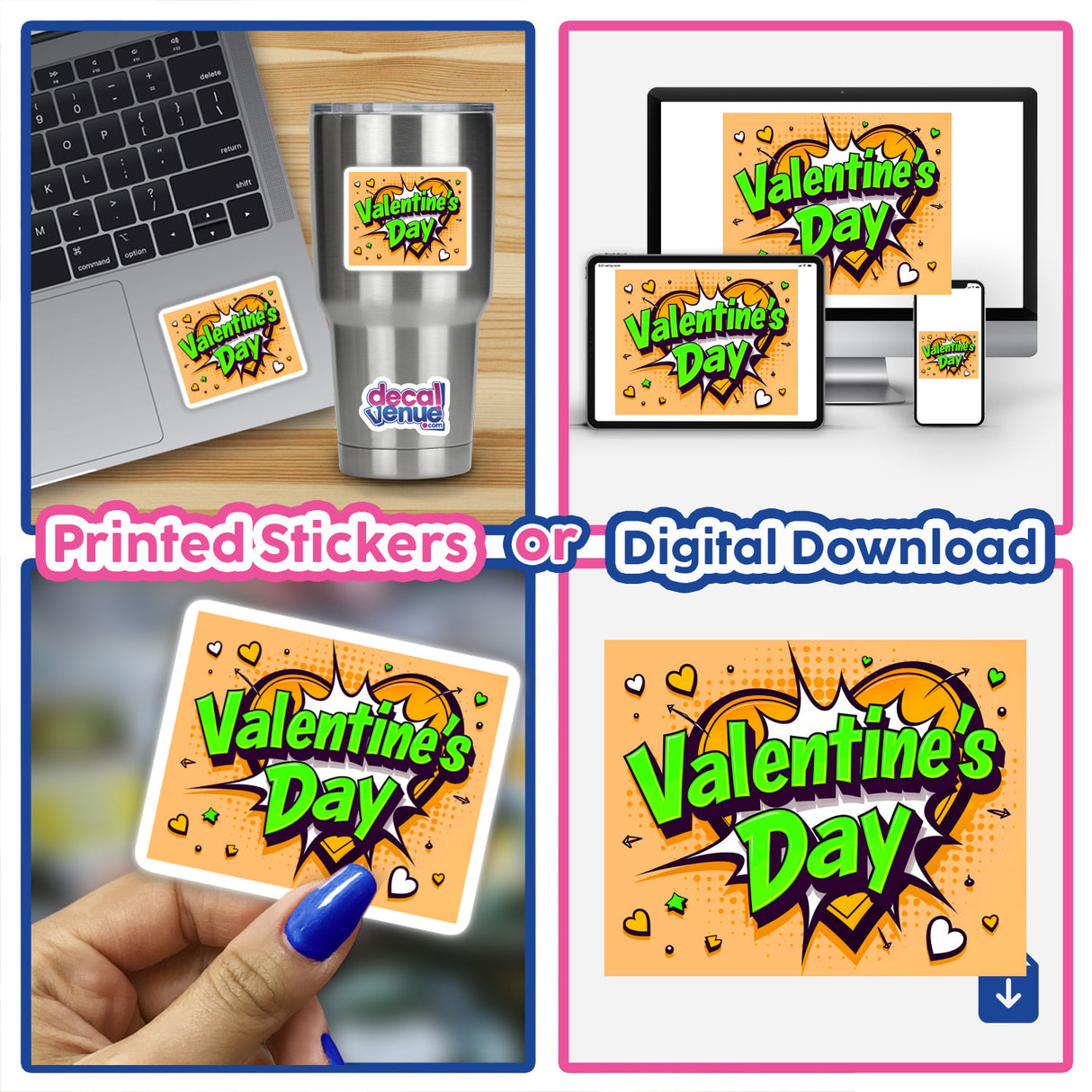 Valentine's Day Love Heart design featuring a collage of laptops, a hand holding a card, and a laptop with a sticker, available as stickers or digital artwork.