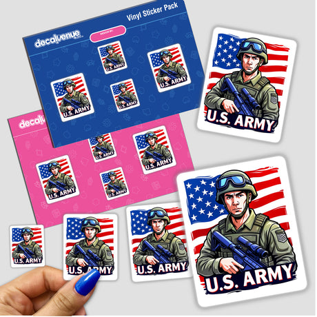 Sticker titled U.S. Army - American Soldier With Flag showing a cartoon soldier in uniform holding a gun, set against an American flag backdrop. Available as stickers or digital artwork.