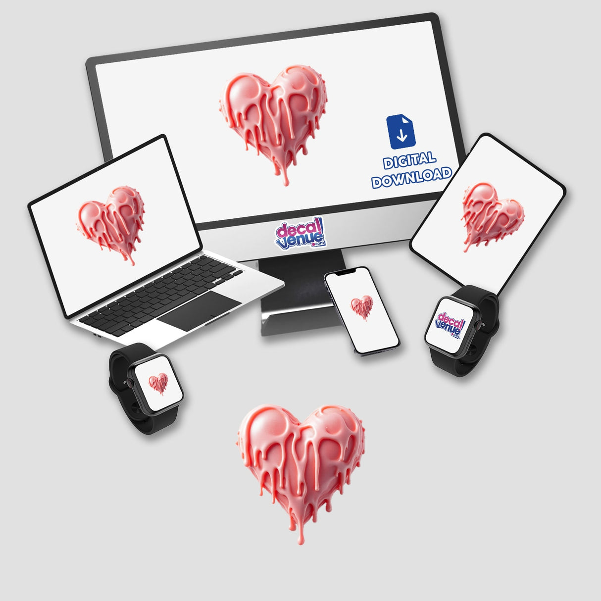 Heart Dripping Candle Wax digital artwork displayed on a laptop and monitor, featuring a melting heart design, available as stickers or digital art from Decal Venue.