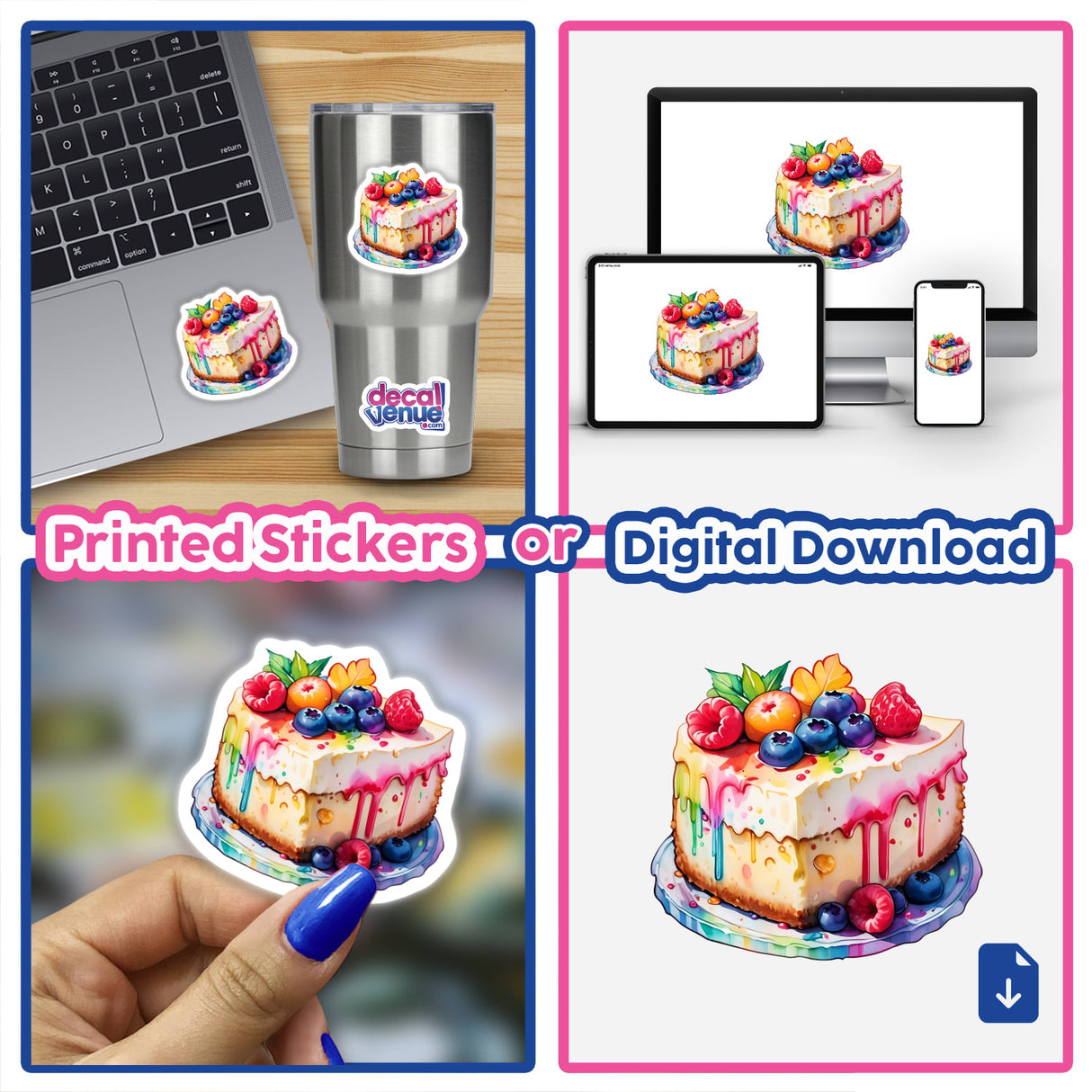 Collage featuring Rainbow Cheesecake Delight stickers or digital artwork, showcasing a laptop and various fruit-topped cake pieces.