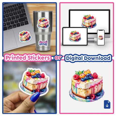 Collage featuring Rainbow Cheesecake Delight stickers or digital artwork, showcasing a laptop and various fruit-topped cake pieces.