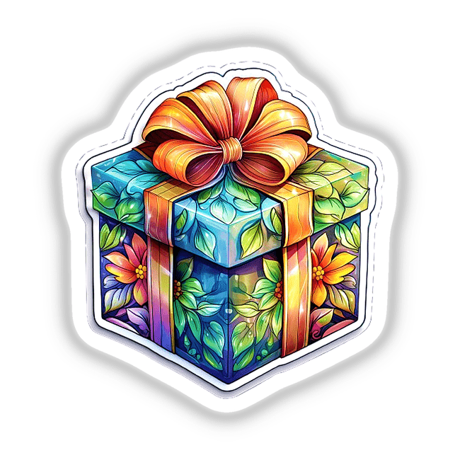 Colorful floral birthday present sticker with ornate box design and vibrant flowers