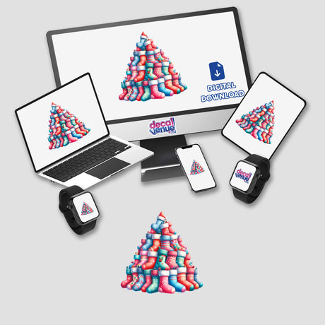 Stacked Pile of Christmas Stockings digital artwork displayed on a computer monitor and laptop screen, showcasing a festive pyramid of socks, available as stickers or digital art from Decal Venue.