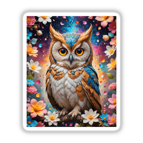 A Lovely Owl With Blooming Flowers: A vibrant artwork depicting a colorful owl perched on a branch adorned with flowers, available as stickers or digital artwork from Decal Venue.