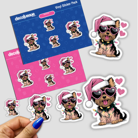 Sticker of a cartoon Yorkie dog wearing sunglasses and a Santa hat, titled Christmas Santa Pink Yorkie Dog in Lights II, available as a sticker or digital artwork.