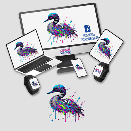 Neon Drip Loon - Psychedelic Wildlife Art featuring a vibrant, abstract bird design displayed on a monitor and laptop. Available as stickers or digital artwork at Decal Venue.