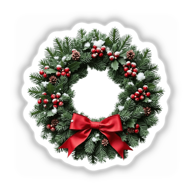 Christmas Wreath Envelope Seal Stickers feature a festive design with red berries, pine cones, and a red bow, ideal for enhancing holiday stationery, cards, and gifts.