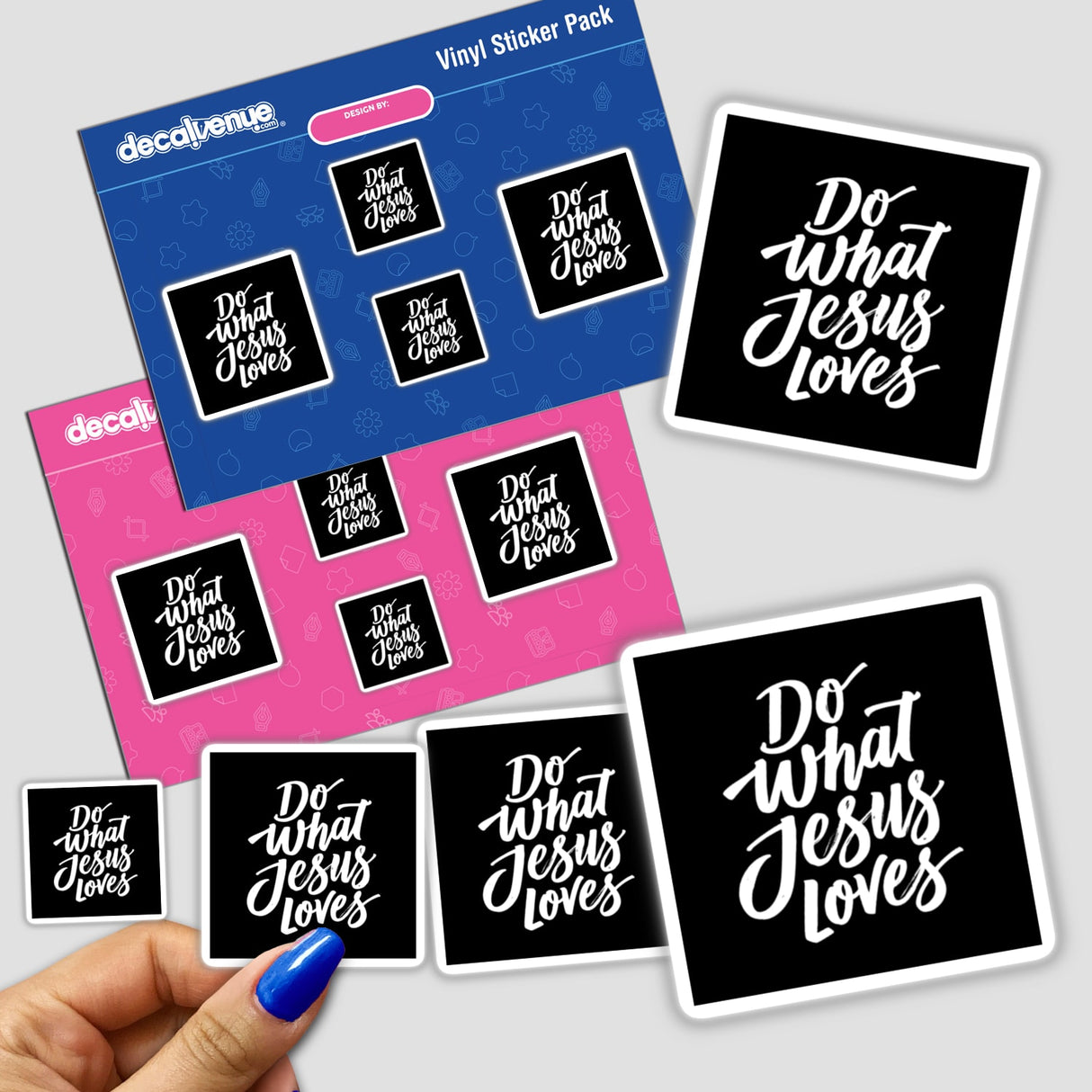 Hand displaying Do What Jesus Loves faith-based Christian inspirational sticker pack, showcasing unique vinyl stickers or digital artwork, available with commercial rights from Decal Venue.