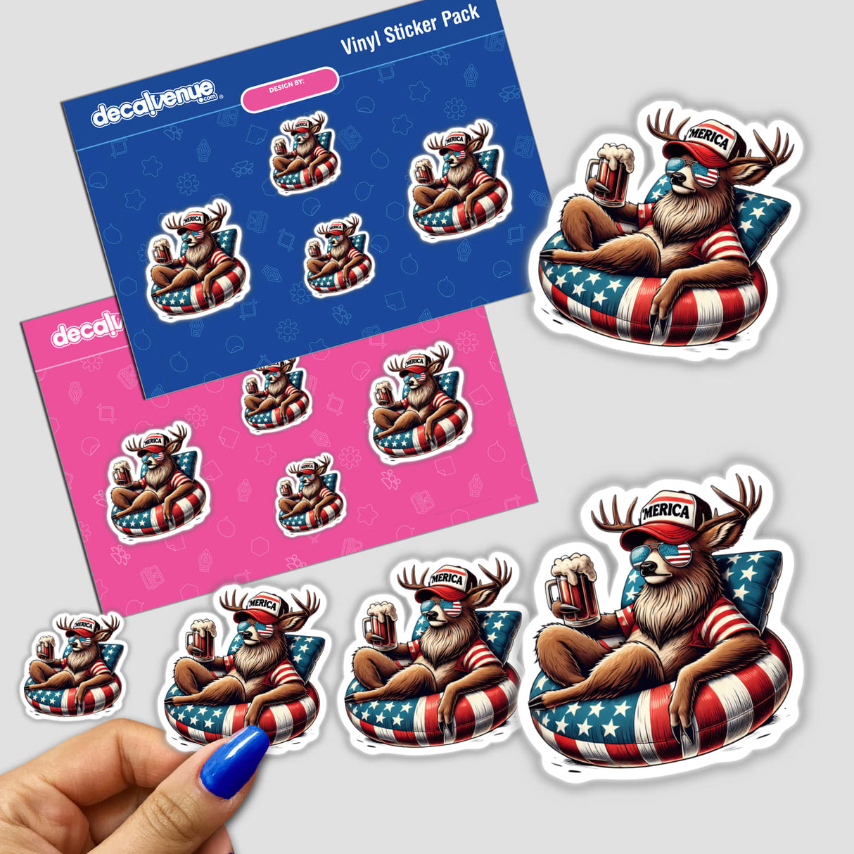 Deer American Flag Float Merica sticker pack featuring cartoon deer with beer and bear with mug. Available as stickers or digital artwork from Decal Venue.