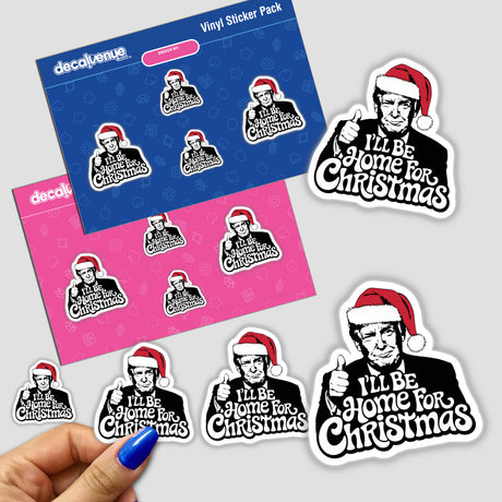 Trump in Santa Hat, I'll be home for Christmas MAGA V sticker; features a cartoon of a man in a suit and Santa hat, perfect as a unique festive decoration.