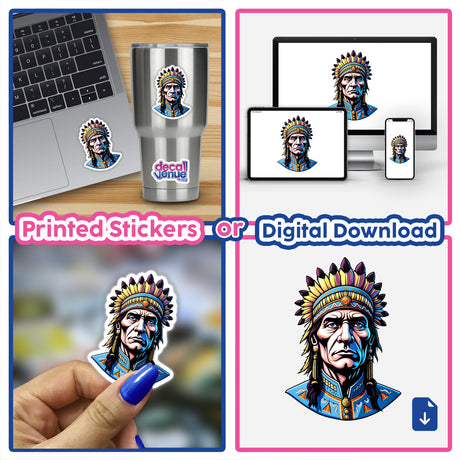 Collage featuring A Native American Warrior Chief as stickers and digital artwork, showcasing various applications on items like a laptop and cup, reflecting Decal Venue's unique vinyl sticker collection.