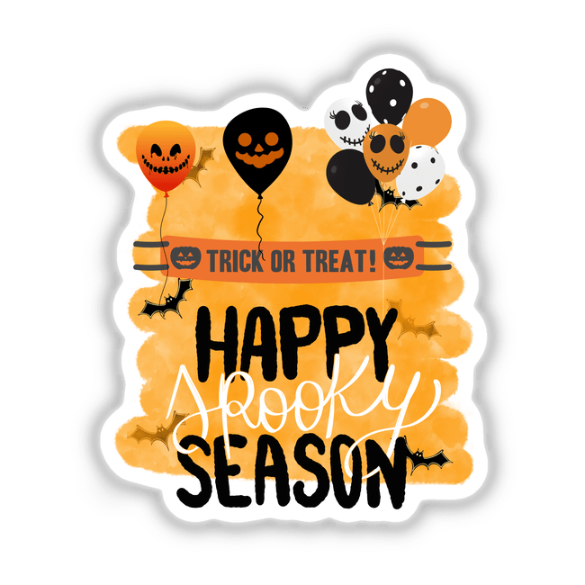 Happy Spooky Season design featuring cartoon faces on balloons, a pumpkin face, and bats, available as stickers or digital artwork from Decal Venue. Perfect for Halloween-themed decor.