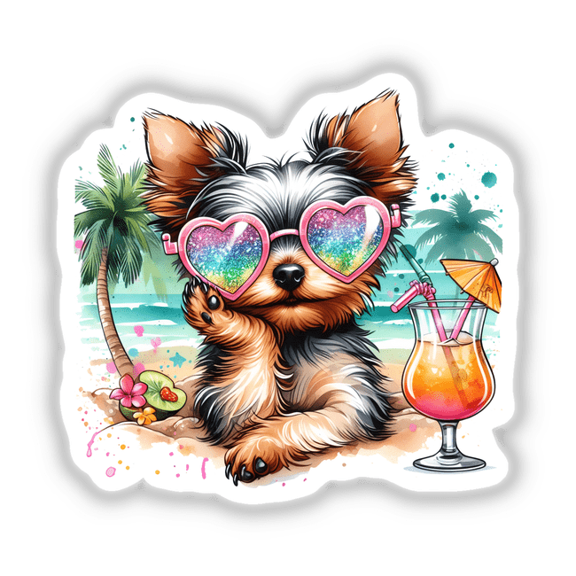 Adorable Yorkie dog in heart-shaped sunglasses relaxing on a tropical island with palm trees and a colorful cocktail drink on the beach