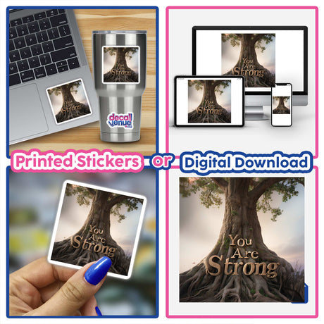 You Are Strong Affirmation Sticker - Inspirational Clipart for Mental Health, featuring a tree with large roots, ideal for laptops, phones, or as digital artwork.