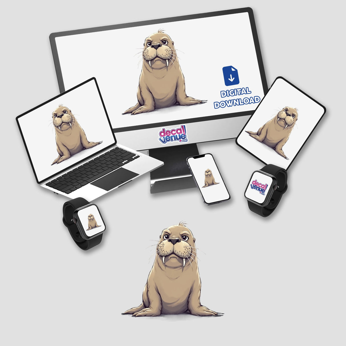 Cute Grumpy Walrus for Animal Lovers displayed on a computer monitor and laptop, showcasing a cartoon walrus illustration available as stickers or digital artwork.