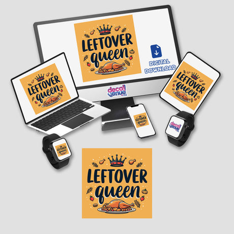 Leftover Queen Thanksgiving Sticker & Clipart with Commercial Rights featuring a turkey on a plate, displayed on a laptop and mouse pad, highlighting Decal Venue's unique stickers and digital art offerings.