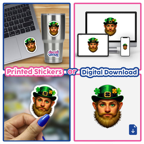 St. Patrick's Day Leprechaun sticker featuring a bearded man in a green hat, displayed on a laptop and a silver cup, highlighting its versatility as both a sticker and digital artwork.