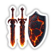 Molten Lava Sword and Shield set featuring a black shield with red lava patterns and a black sword with flame designs, available as stickers or digital artwork.