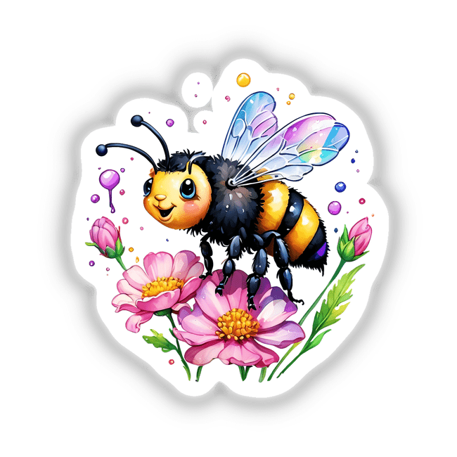 Bumblebee Bliss: Cute bee on a pink flower, available as stickers or digital artwork, featuring a cartoon bee with big eyes perched on a detailed blossom.