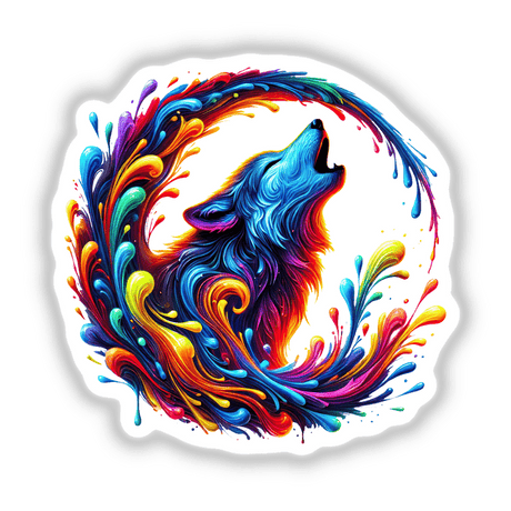 Psychedelic Howling Wolf - Vibrant Colorful Drip Moon: A dynamic artwork featuring a vividly colored wolf with an open mouth, available as stickers or digital artwork from Decal Venue.