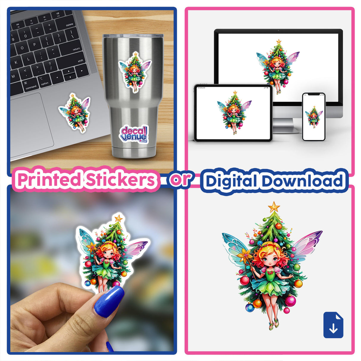 Sticker Design: Enchanting Christmas Tree Fairy with Festive Sparkles, featuring various fairies with Christmas trees and magical elements, available as stickers or digital artwork.