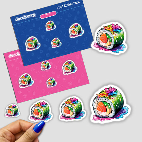 Sushi Delight: Cute Watercolor Roll Sticker featuring a sushi roll adorned with flowers, held by a hand, with additional sushi-themed stickers in the background.