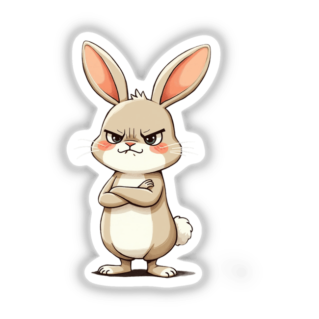 Cute Grumpy Bunny Cartoon with Folded Arms, available as stickers or digital artwork, shows a cartoon rabbit with arms crossed, embodying a grumpy expression.