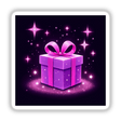 Purple Gift Box with Pink Ribbon and Festive Lights, depicted as either stickers or digital artwork, showcasing a charming purple box adorned with a vibrant pink bow and twinkling stars.