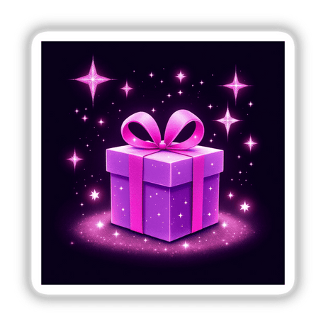 Purple Gift Box with Pink Ribbon and Festive Lights, depicted as either stickers or digital artwork, showcasing a charming purple box adorned with a vibrant pink bow and twinkling stars.