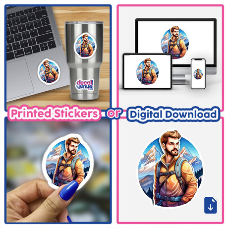 Mountaineer - Stylized digital artwork of an adventurous man in the outdoors, depicting a rugged, athletic figure against a scenic mountain backdrop. Available as printed stickers or digital downloads from the Decal Venue online store, which offers unique sticker designs and digital art created by talented designers.