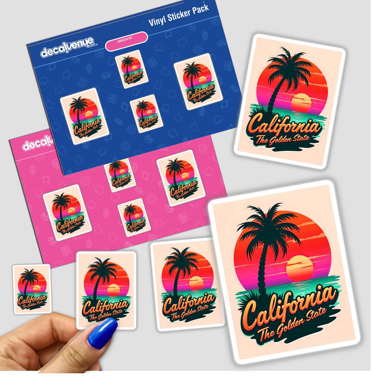 California The Golden State sticker featuring a graphic design of palm trees and a sunset, symbolizing a serene beach scene. Available as stickers or digital artwork from Decal Venue.