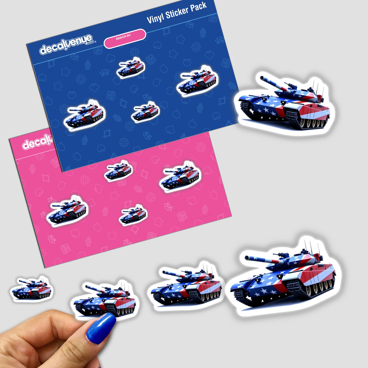 Sticker pack featuring A Cool American Flag Army Tank design, showcasing a tank with American flag patterns, available as stickers or digital artwork from Decal Venue.