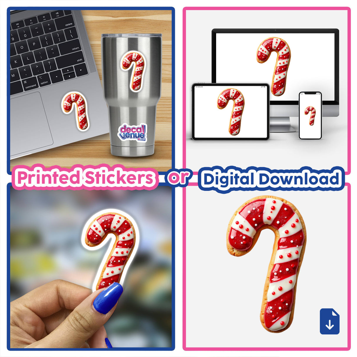 Festive Candy Cane Christmas Cookie sticker displayed on a laptop keyboard, featuring red and white frosting details.