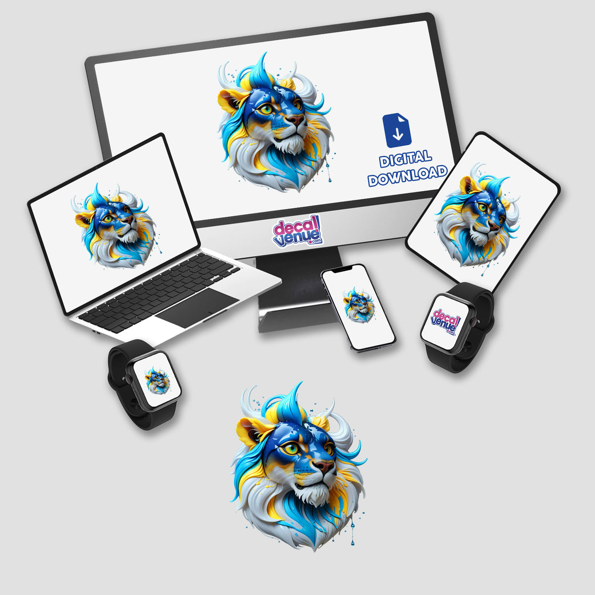 A Colorful Lion Head displayed on a computer monitor and laptop, showcasing vibrant digital artwork. Available as stickers or digital art from Decal Venue.