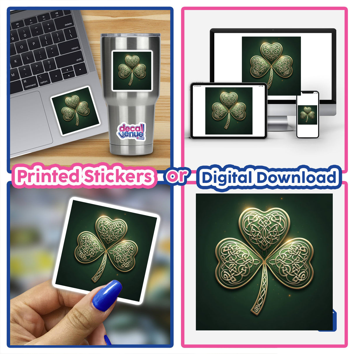 Golden Celtic Shamrock – Intricate Knotwork Clover featuring elegant detailing, showcased as a digital artwork and sticker collage, ideal for unique vinyl sticker collections at Decal Venue.