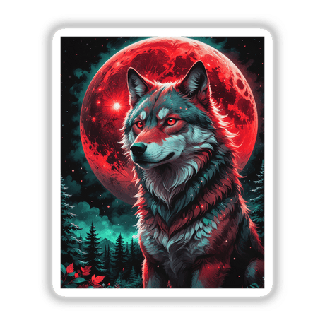 Digital artwork titled A Wolf In The Night With A Blood Moon, featuring a wolf with red eyes against a red moon backdrop. Available as stickers or digital art from Decal Venue.