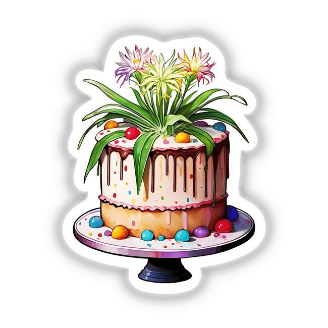 Spider Plant Cake: A Deliciously Unique Confection—an elegantly decorated cake topped with intricate flower designs, available as stickers or digital artwork.