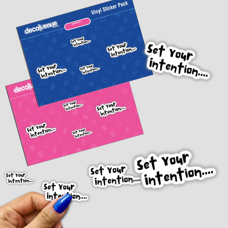 Hand holding the Set your Intention sticker pack, showcasing intricate designs available as both stickers and digital artwork from Decal Venue.