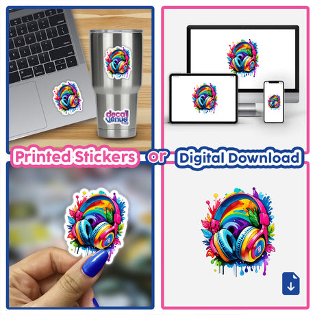 Vibrant Floral Rainbow Headphone Sticker - Music Design: Collage of laptops and close-ups featuring the colorful headphone sticker on screens and being applied, showcasing its artistic detail and versatile use.