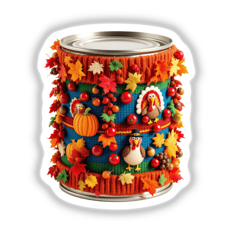 Thanksgiving Cranberry Sauce Can Knit Fabric Style featuring a decorated turkey and pumpkin design, available as unique stickers or digital artwork from Decal Venue.